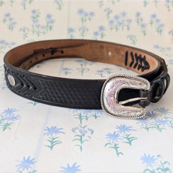 Justin Western Leather Belt 40 Black Silver Woven Braided Cowboy Cowhide U.S.A. - Picture 1 of 4